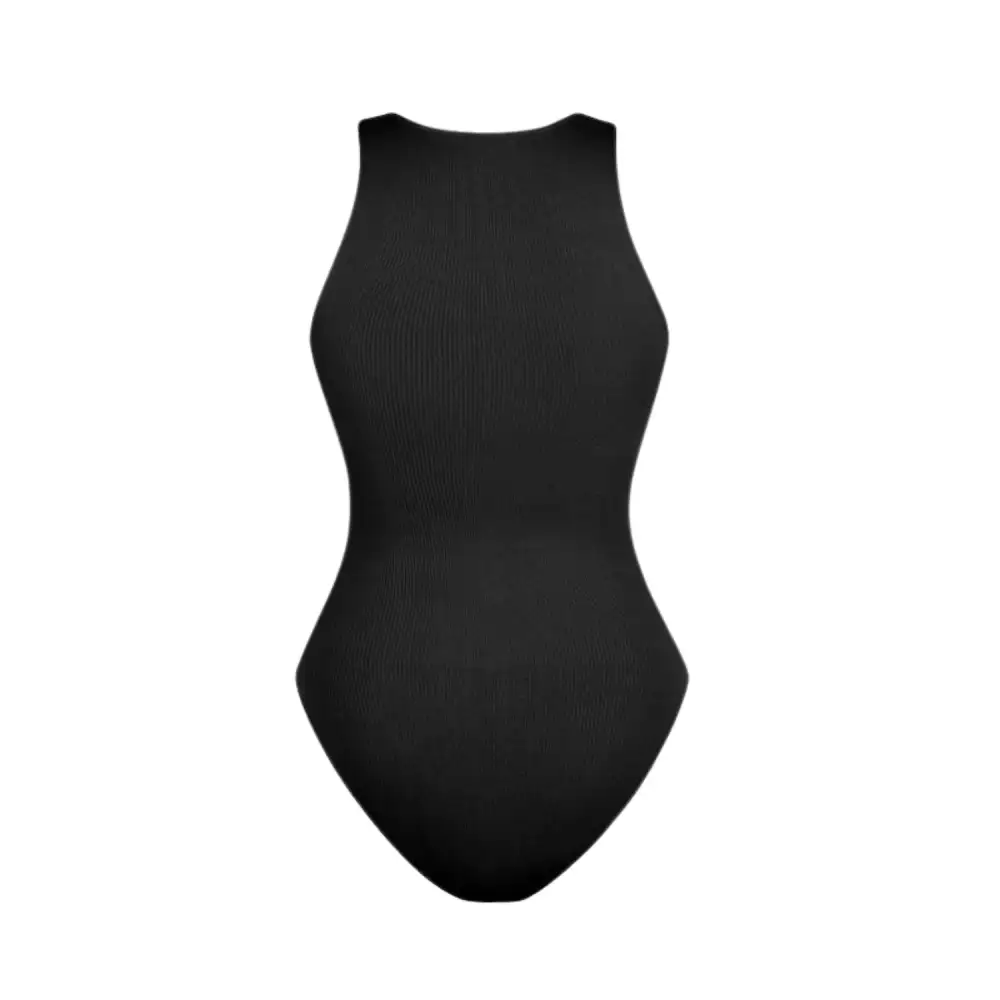 Ribbed Zip Front Sleeveless Bodysuit