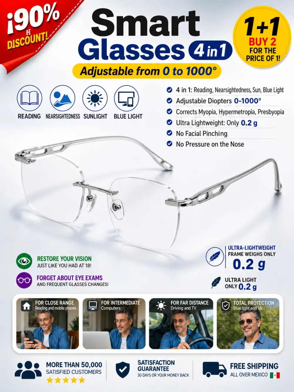 HD Photochromic Titanium Alloy Progressive Reading Glasses