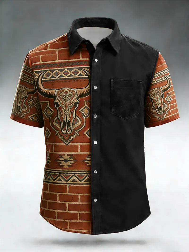 Men's Brick Wall & Bull Skull Print Short Sleeve Shirt