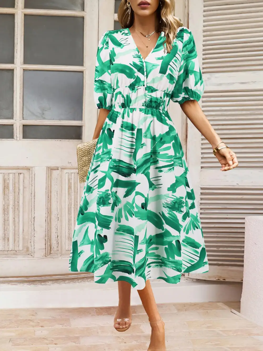 Boho Chic  Ruched Printed Surplice Short Sleeve Dress