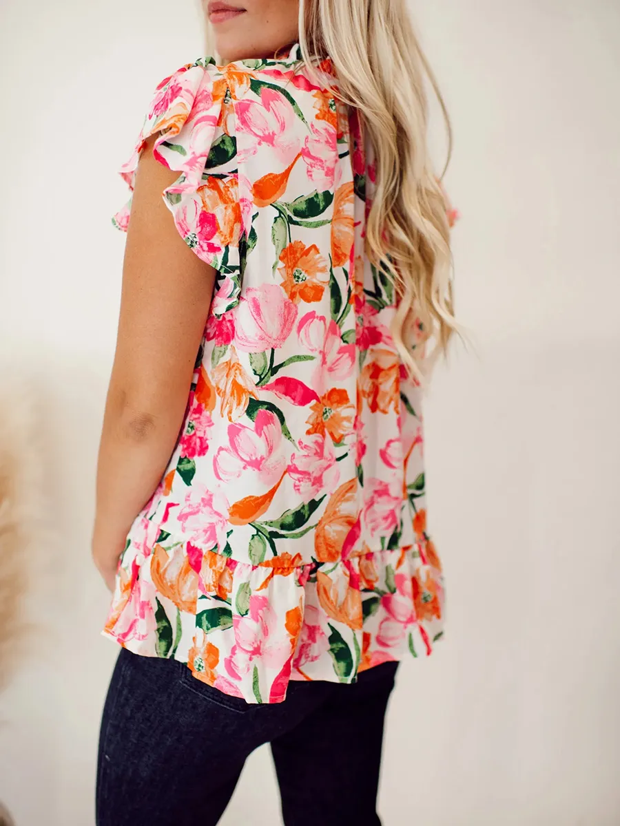 Pink and orange floral pattern pleated top