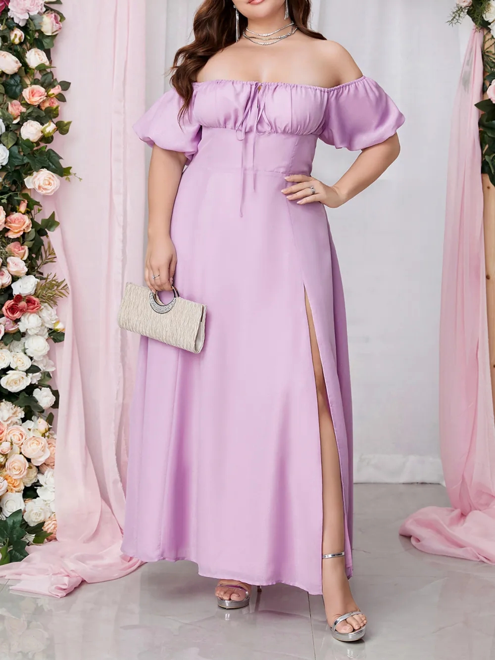 Strapless Dress With Puff Sleeves And High Slits Long Dress Plus Siz