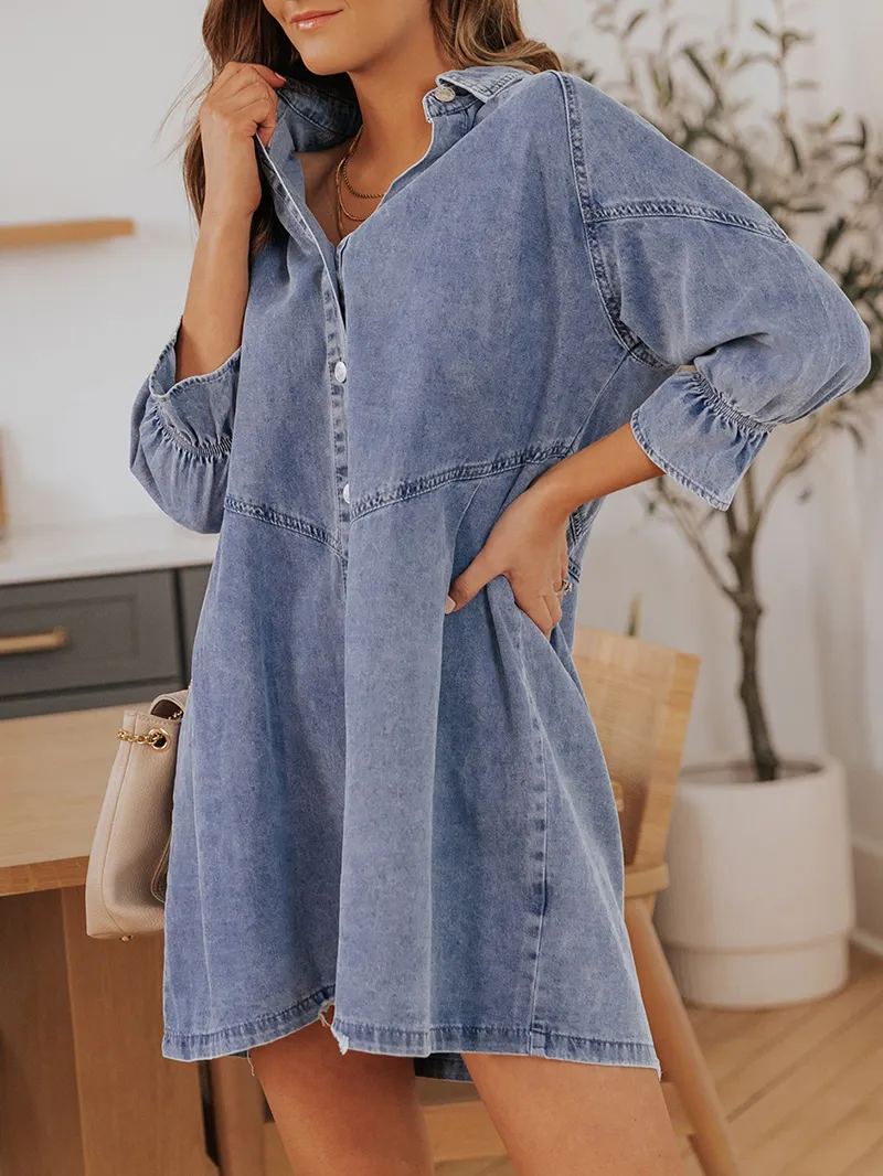 Sky Blue Buttoned Long Sleeve Denim Mini Dress