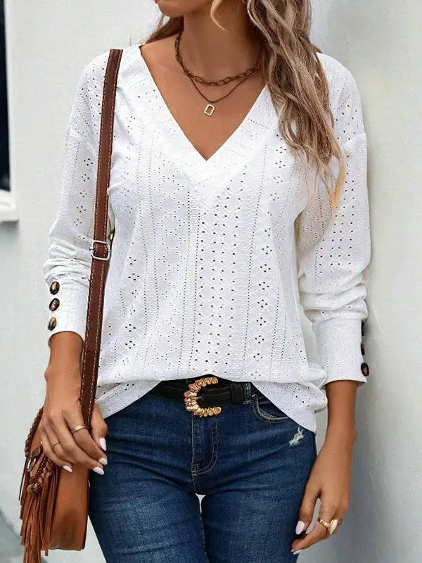 Long Sleeve Relaxed Button Detail V-Neck T-Shirt