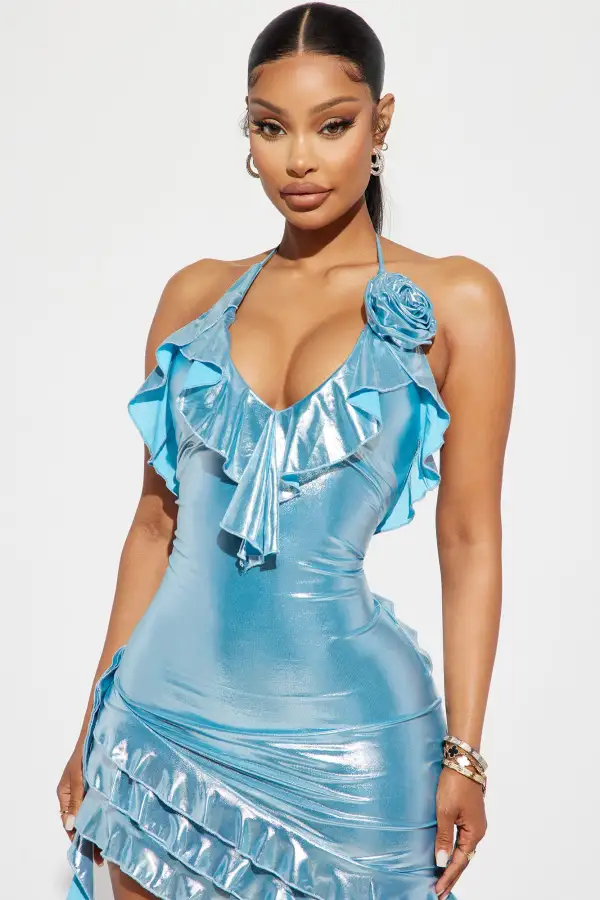 Melody Metallic Ruffle Mini Dress - Blue