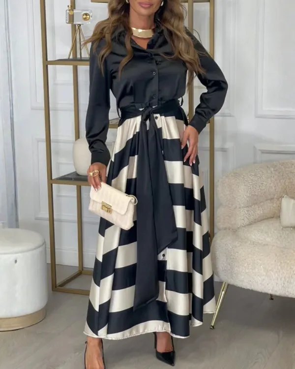 Collared Striped Satin Maxi Dress