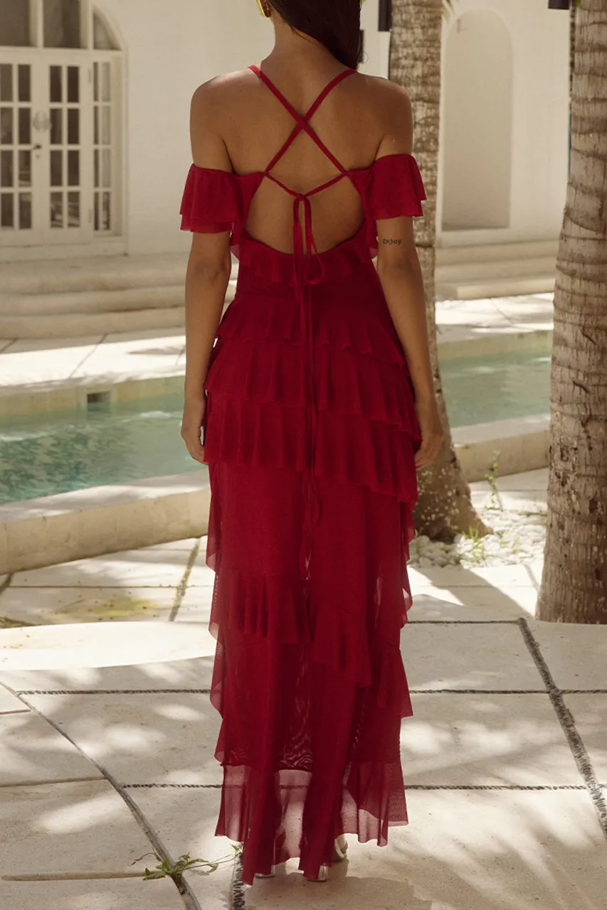 Red Suspender Unique Design Maxi Dress