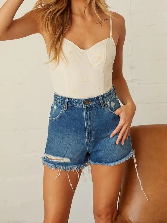 Distressed Denim High-Rise Duster Shorts in Ashley Blue