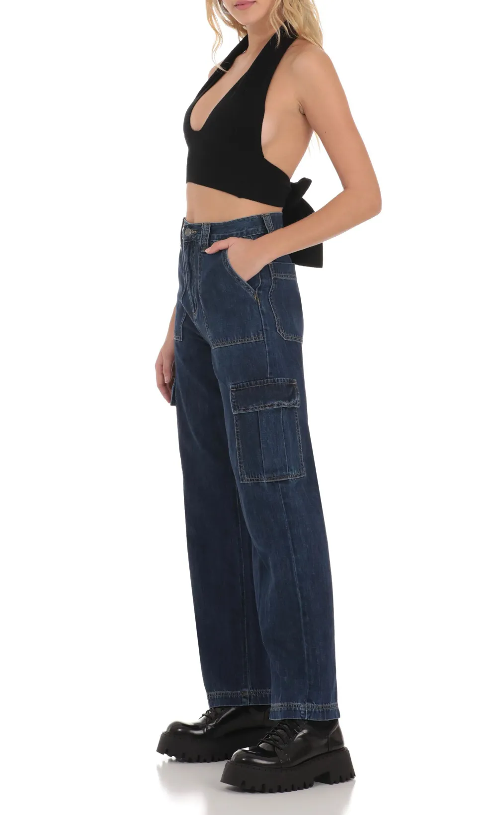 Wide Leg Cargo Jeans in Dark Denim