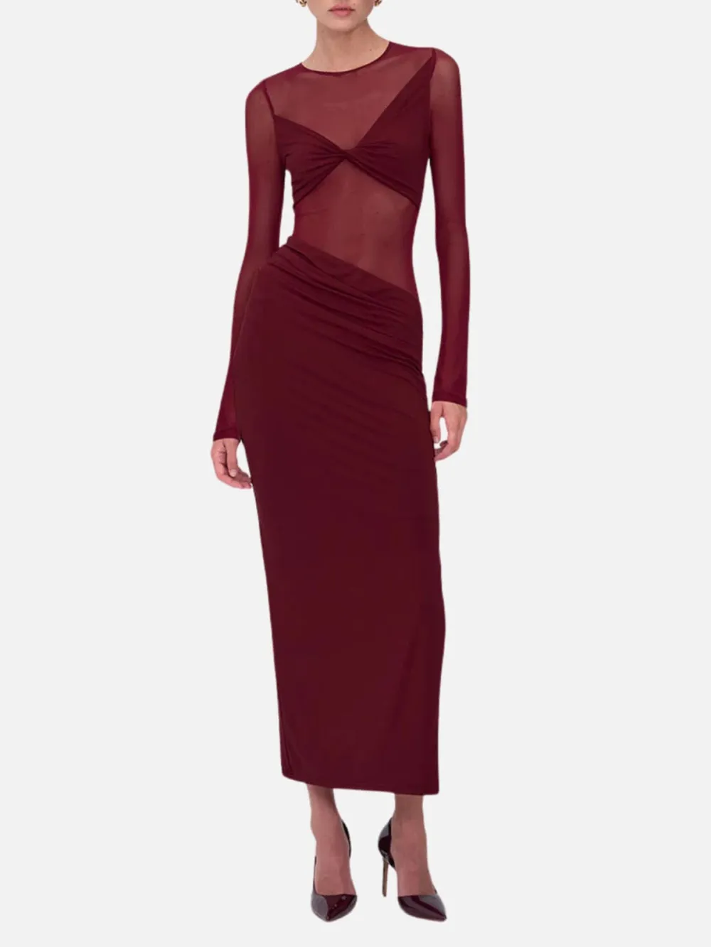 Sheer Slit Round Neck Long Sleeve Dress