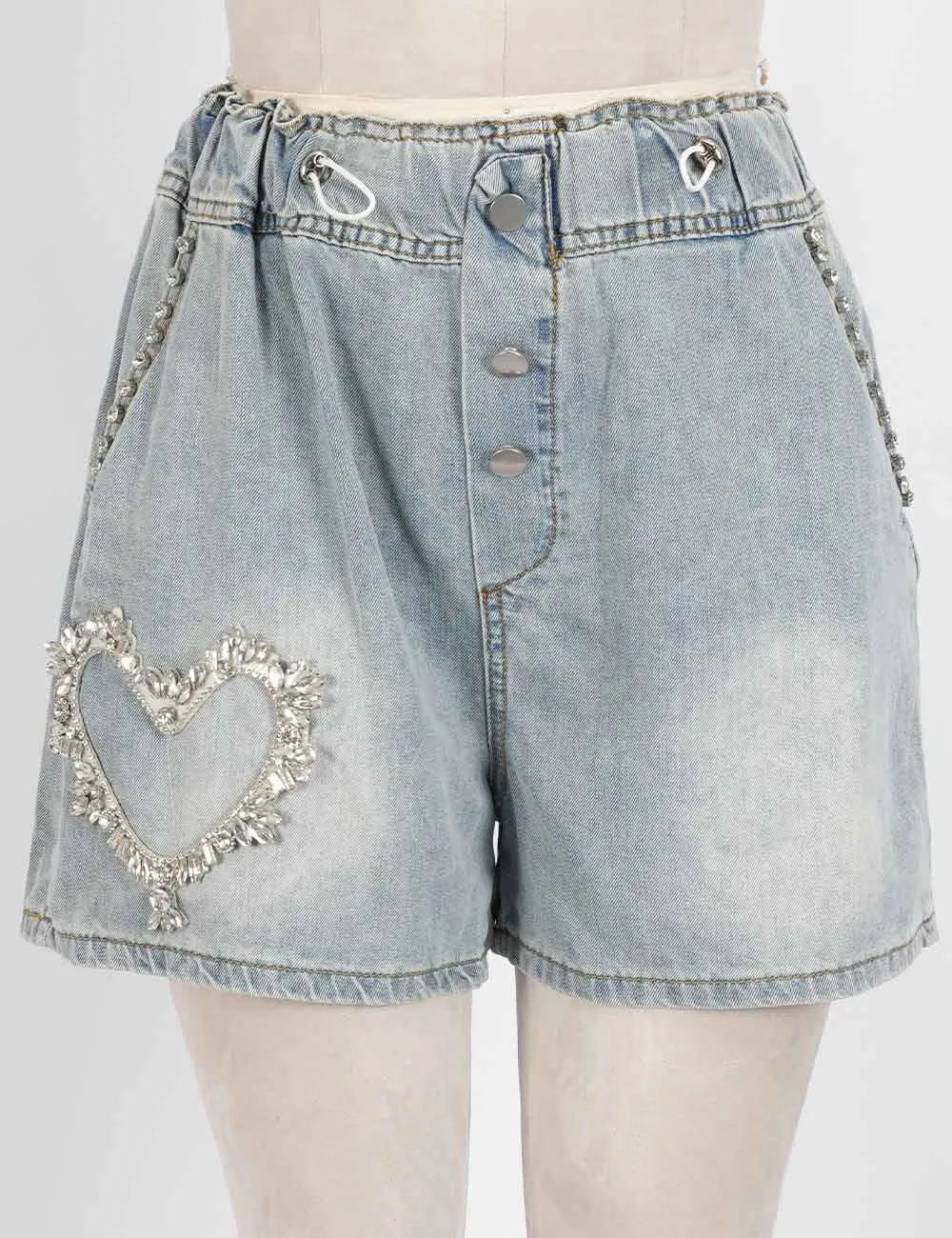 Rhinestone Heart Wide Leg Drawstring Denim Shorts