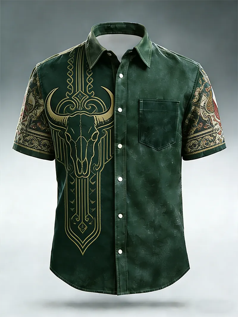 Men's Bull Skull Tribal Tattoo Print Short Sleeve Shirt