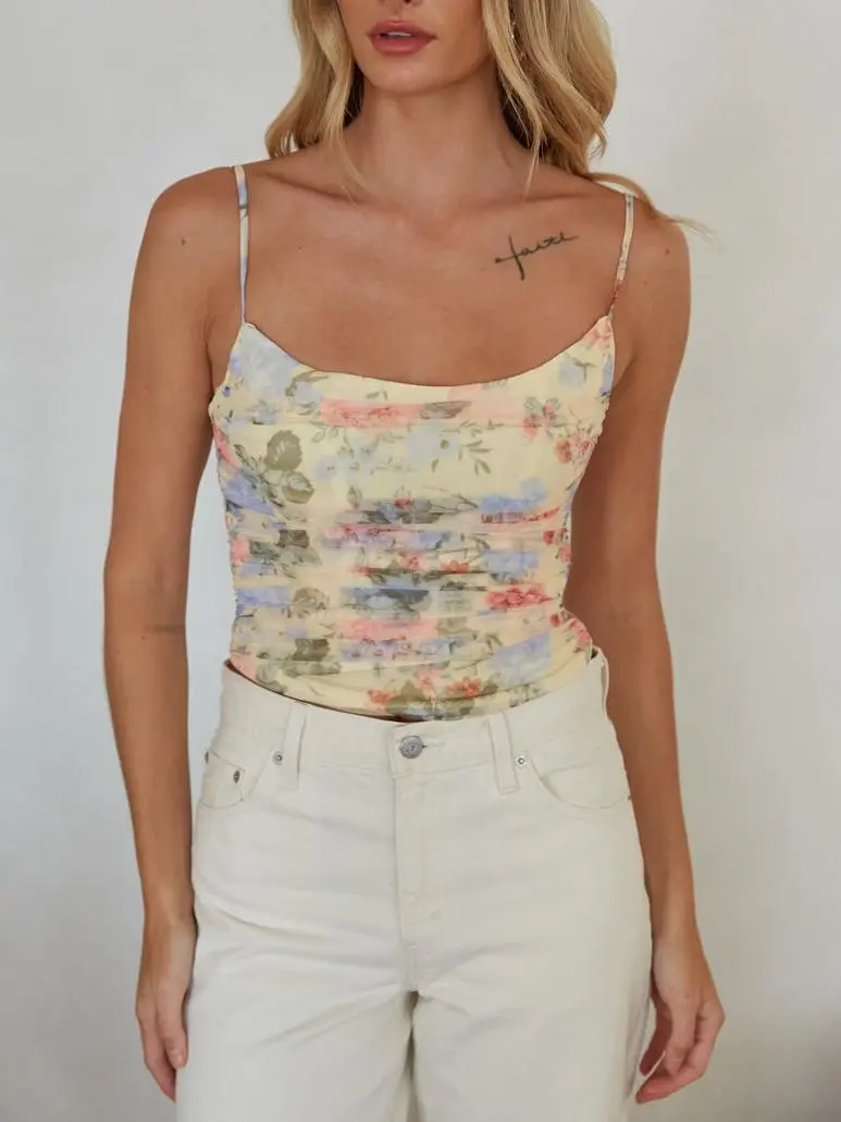 Ruched Floral Mesh Top