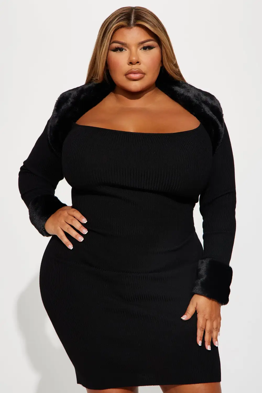 Shilah Faux Fur Sweater Midi Dress - Black