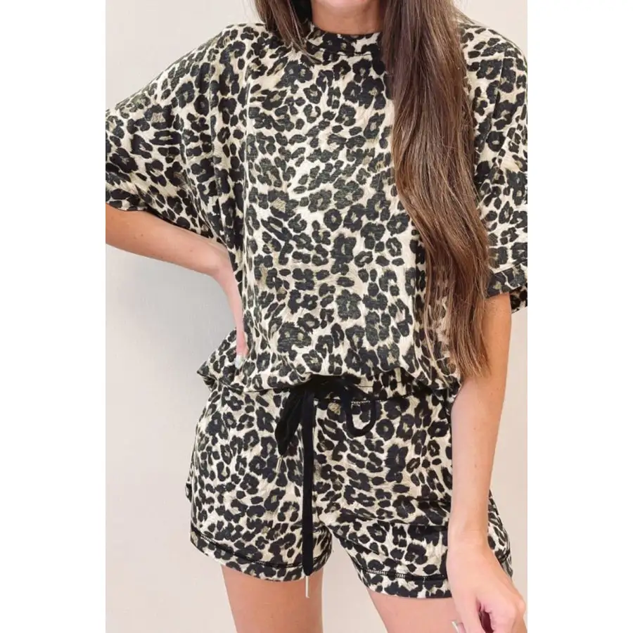 Leopard Round Neck Top and Shorts Set