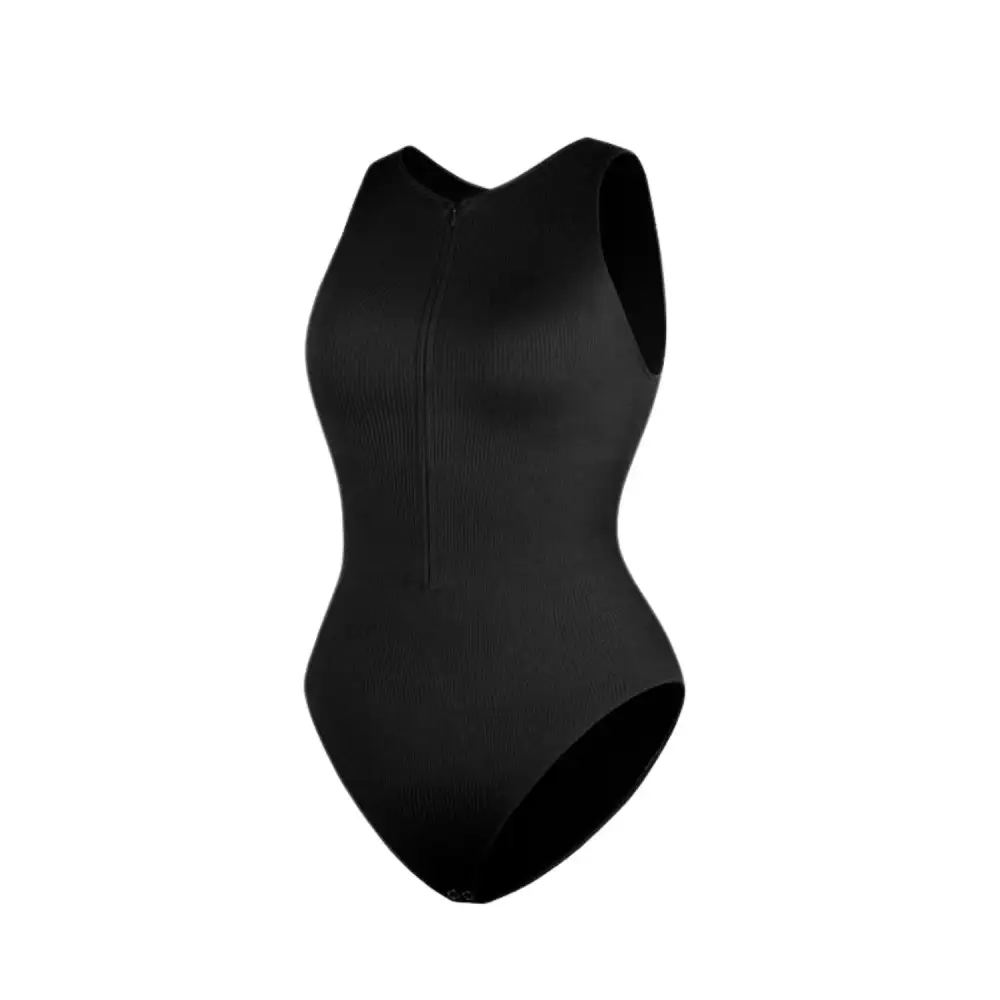 Ribbed Zip Front Sleeveless Bodysuit