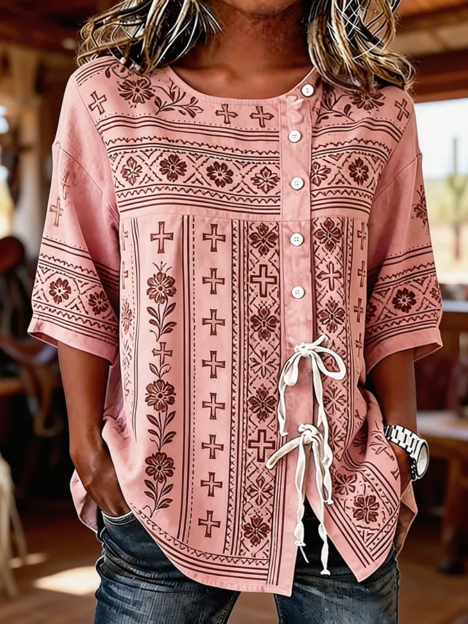 Women's Boho Cross Floral Print Western Tie Waist Button-Down Blouse