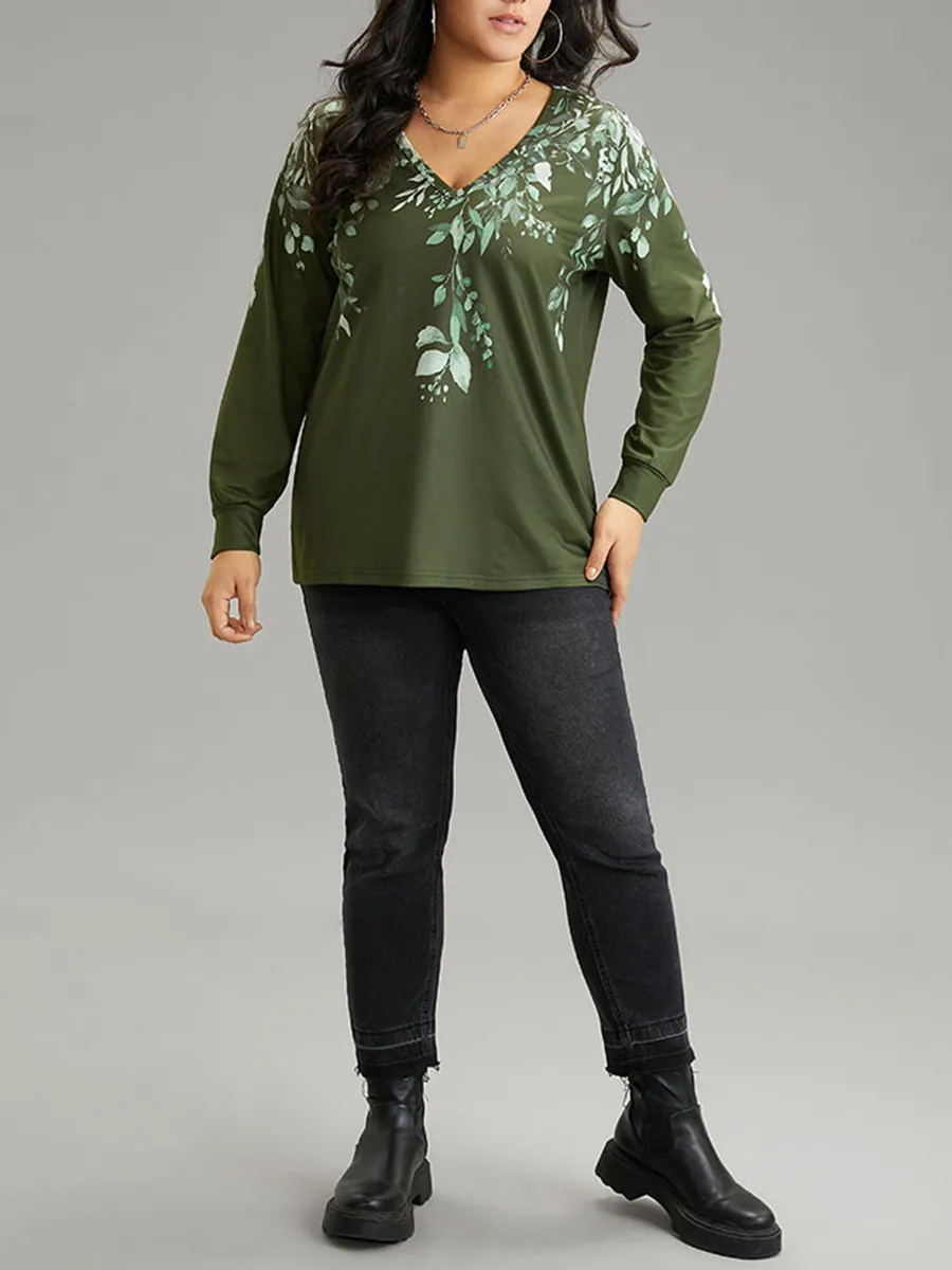 V-neck long sleeve position printed T-shirt