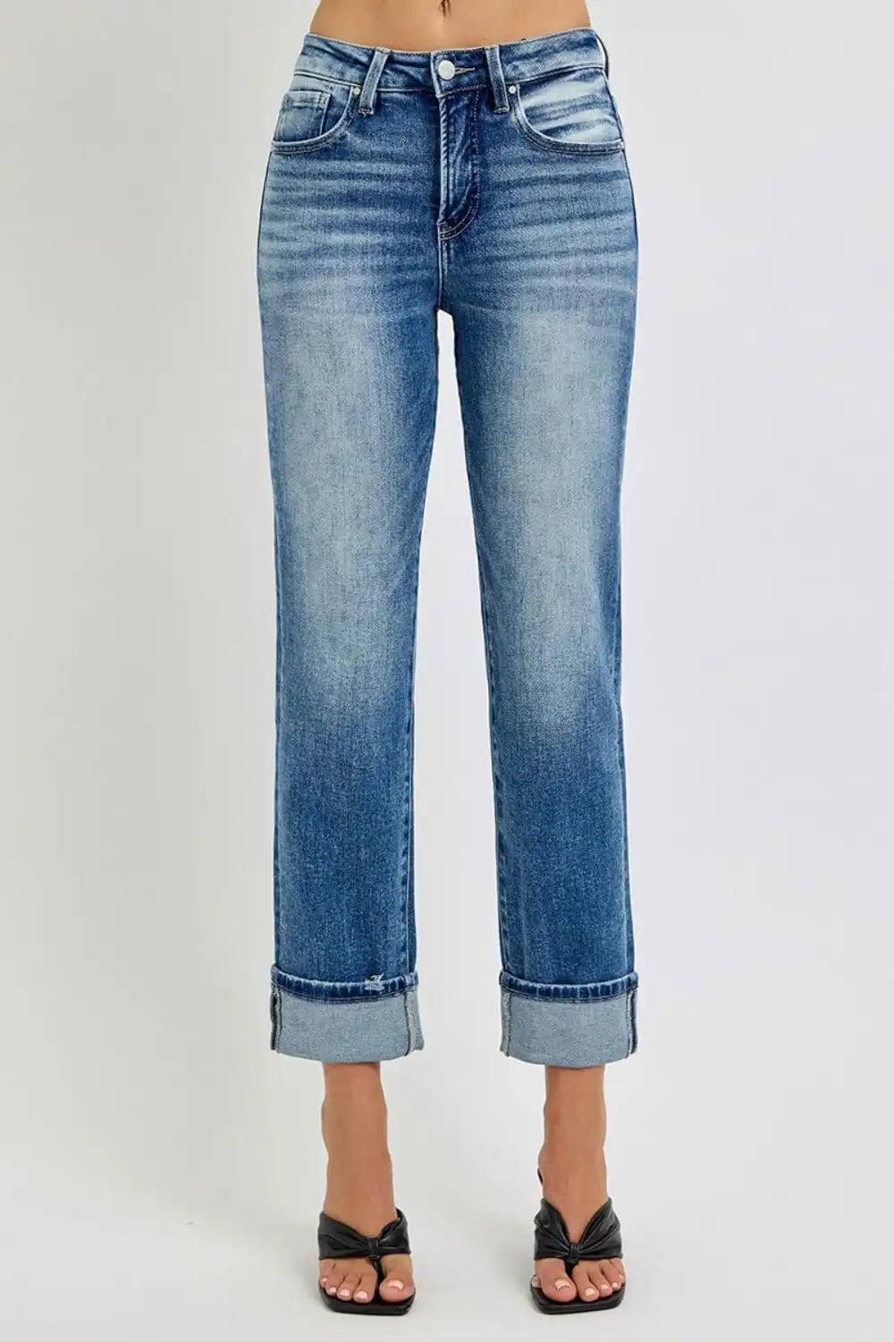 ??GYPSY-RISEN-High Rise Crop Straight Roll Up Jeans