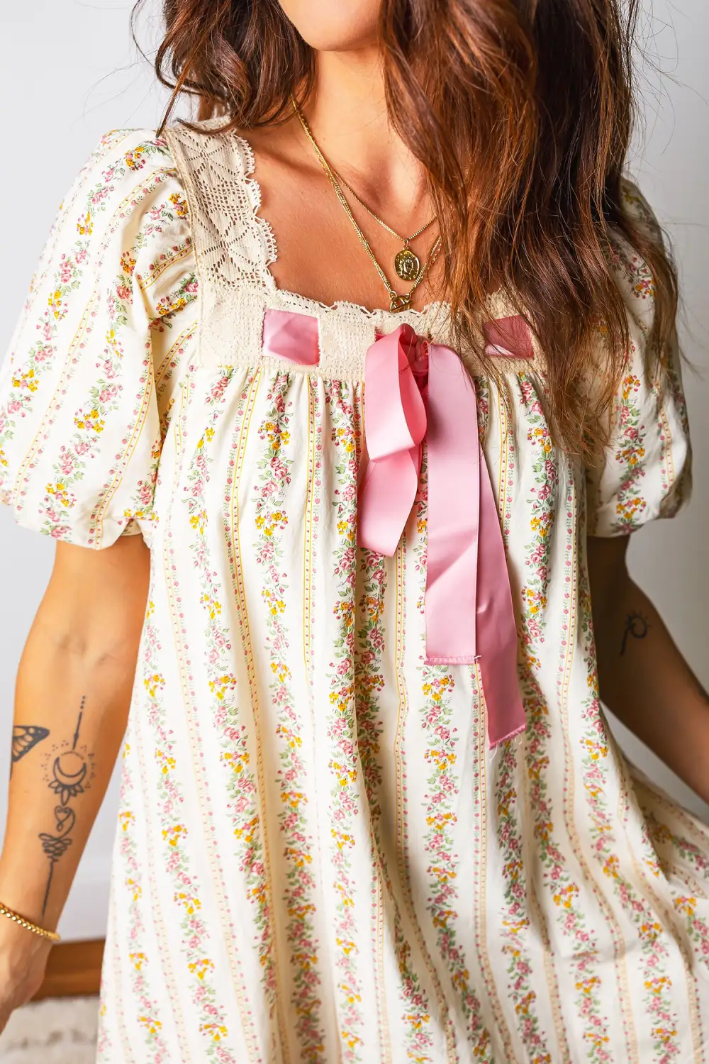 Gathered Detail Floral Printed Ribbed Mini Dress