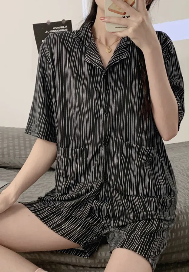 Shirt Collar Casual Loose Plain Pajama Set