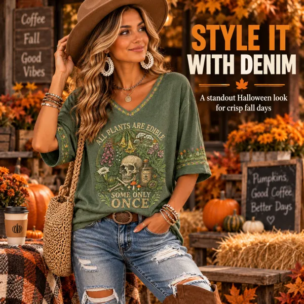 Halloween Witch Hat Print V-Neck Half-Sleeve T-Shirt