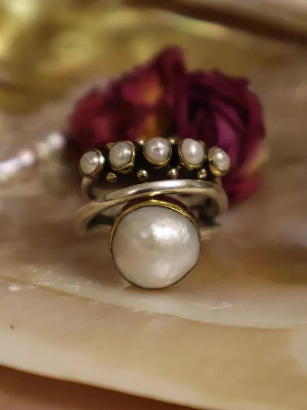 Vintage Silver Distressed Pearl Open Ring