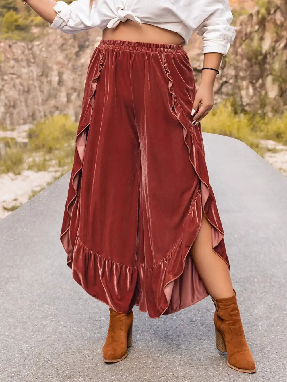 Everyday Velvet Ruffle Hem Wide Leg Pants