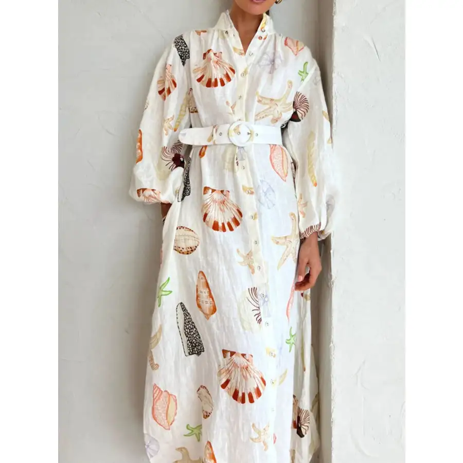 Printed Balloon Sleeve Maxi Shirt Dress