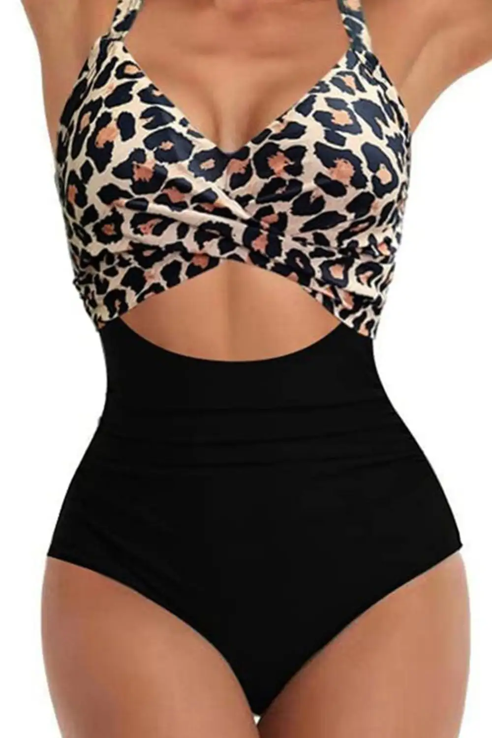 Leopard Tone Crossed Cutout Swimsuit