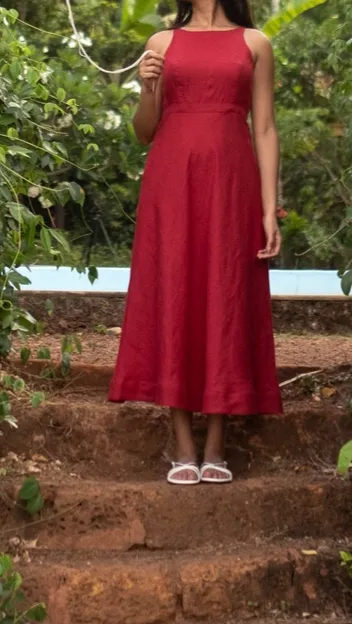 Rust Red Linen Cutaway Maxi Dress