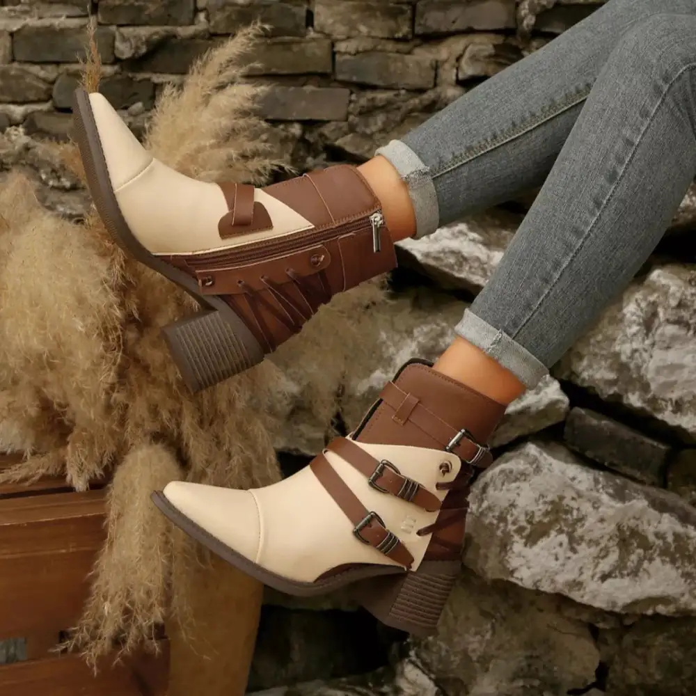 Pointed Toe Buckle Strap Ankle Boots with Block Heel