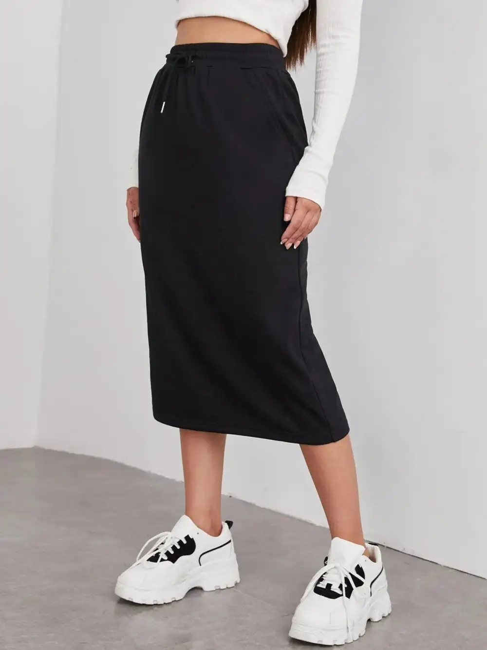 Drawstring Side Slit Midi Skirt