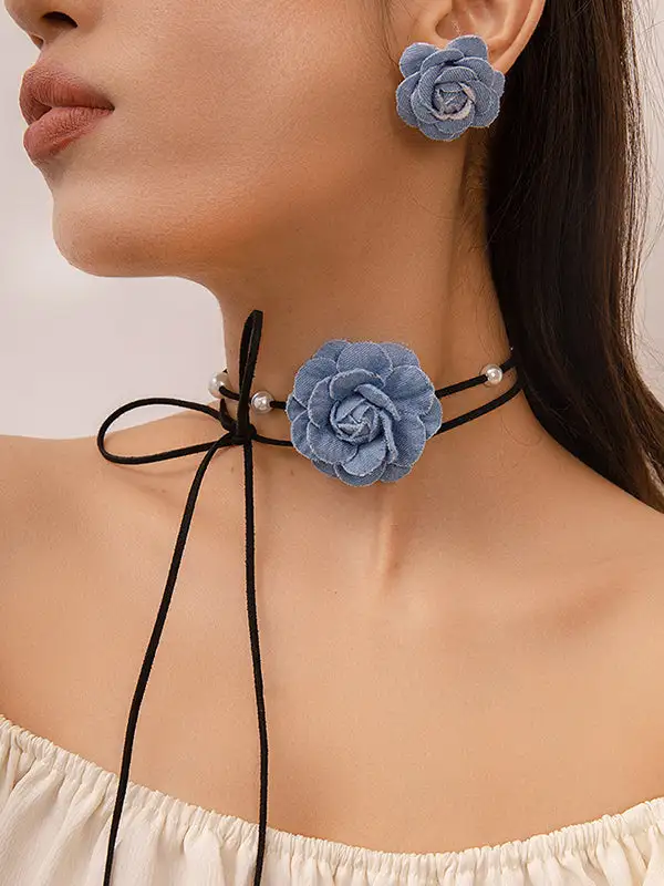 Beaded Floral Dainty Necklace Earring Set