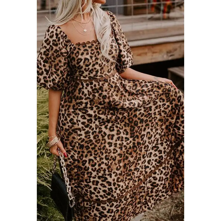 Leopard Square Neck Puff Sleeve Maxi Dress