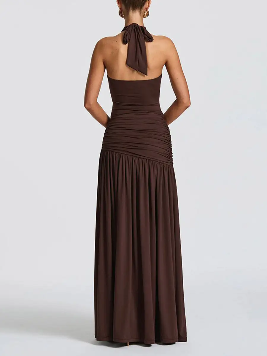 Back Pleated Neck Maxi Dress