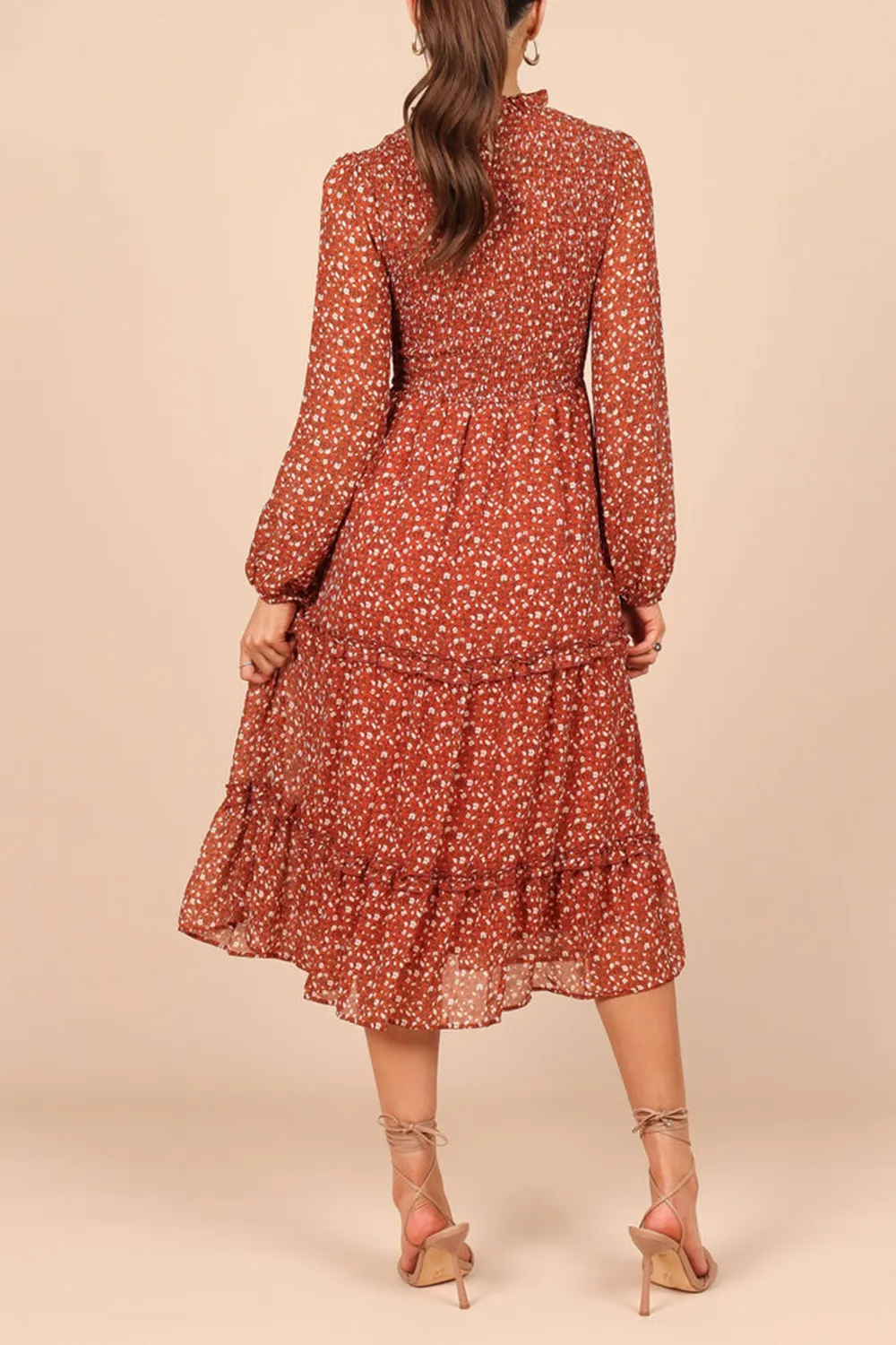 EDWINA SHIRRED FRILL LONG SLEEVE MIDI DRESS - NAVY FLORAL