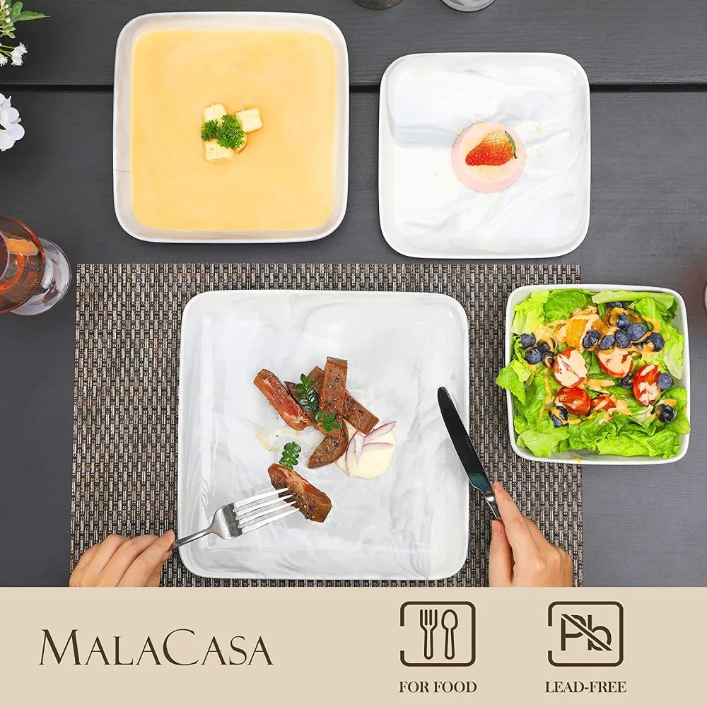 MALACASA Dishes Set for 12, Marble Grey Square Dinnerware Sets, 48 Piece Porcelain Plates and Bowls Sets with Dinner Plates, Dessert Plates, Soup Plates and Cereal Bowls, Series IVY