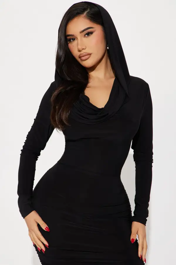 So Hooded Ruched Mini Dress - Black