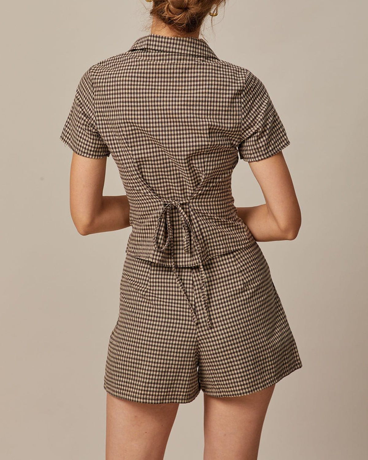 The Brown Lapel Plaid Short Sleeve Blouse