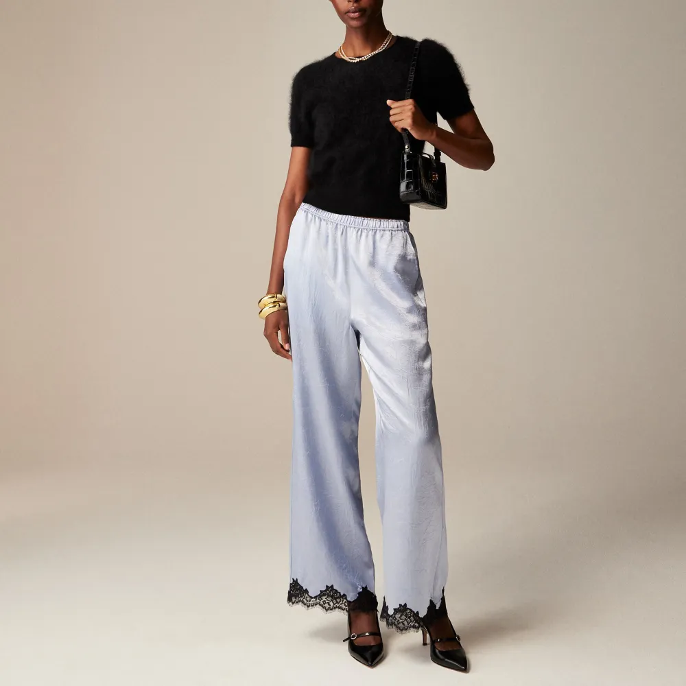 Satin Lace Hem Wide Leg Crop Pants