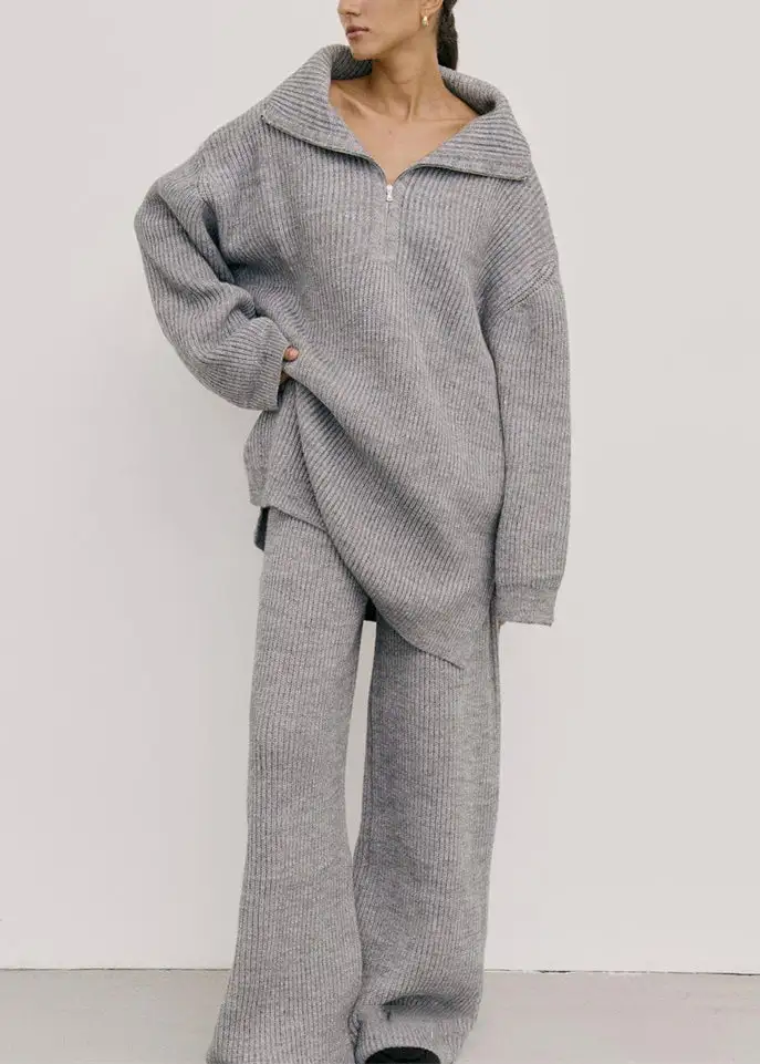 European And American Style Grey Sweaters And Pants Knit Set Fall