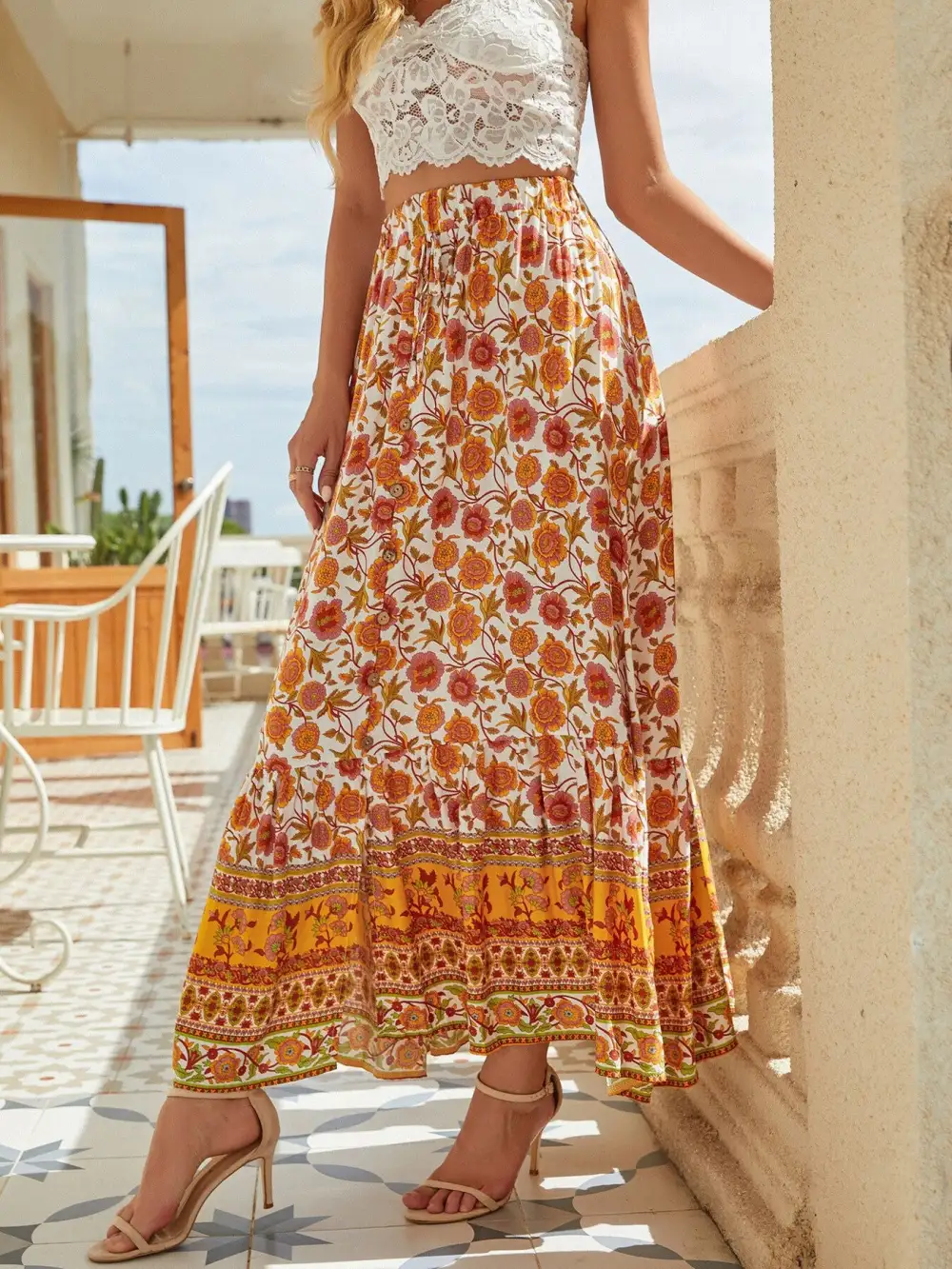 Floral Side Slit Skirt
