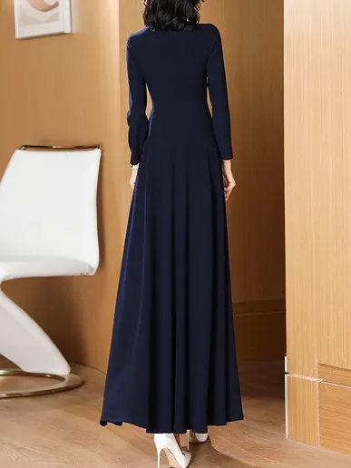 Women Plain V Neck Long Sleeve Comfy Casual Maxi Dress