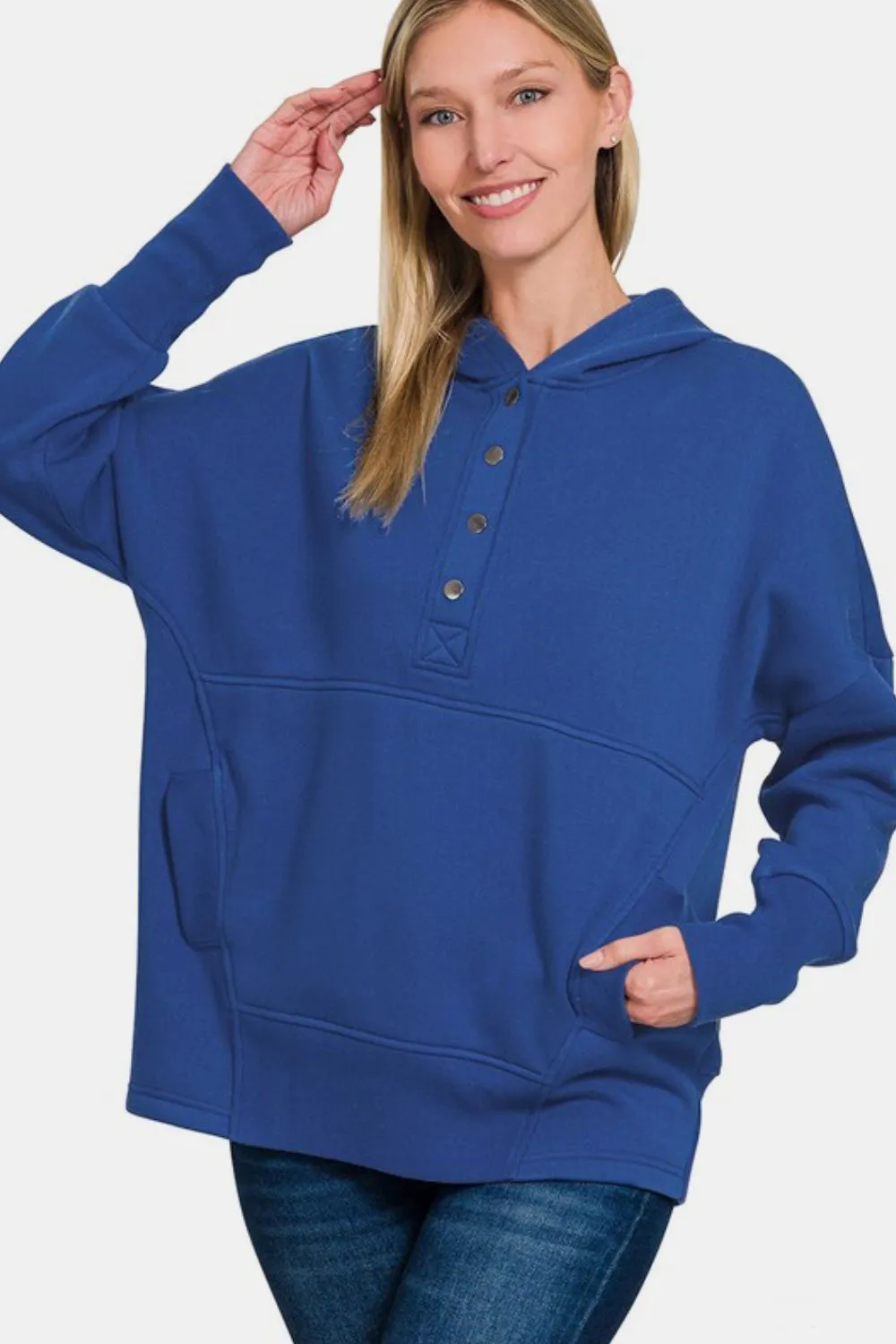 Zenana Half Snap Long Sleeve Hoodie with Kangaroo Pocket