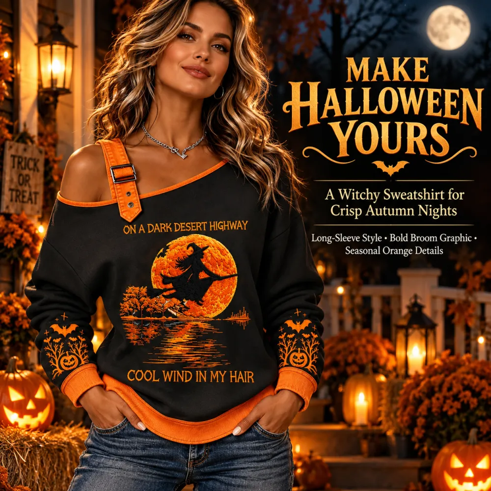 Halloween Broom Witch Print Round Neck Long Sleeve Casual Drawstring Hoodie