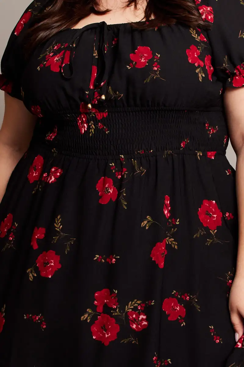 Black Floral Shirred Waist Frill Hem Minidress