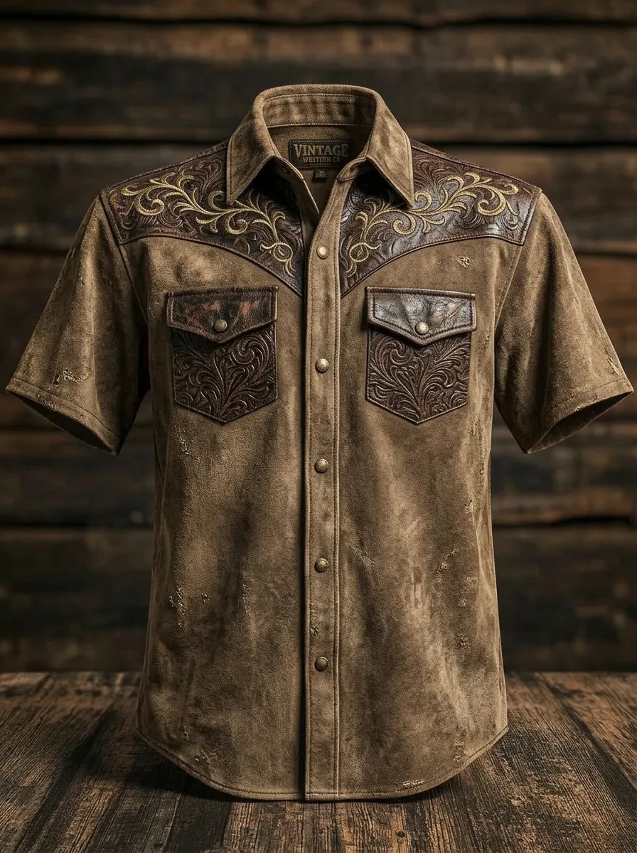 Men's Western Style Floral Tooled Leather Print Suede Shirt