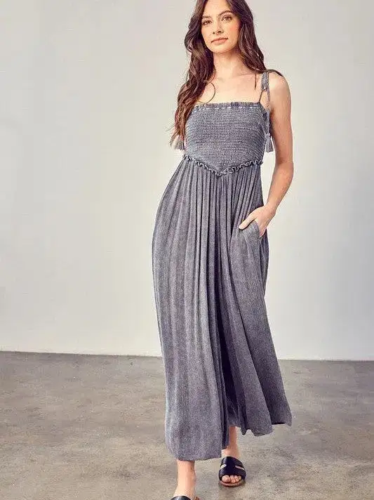 Slay with Sweetness Front Smocked Wide Leg Jumpsuit with Tie Straps