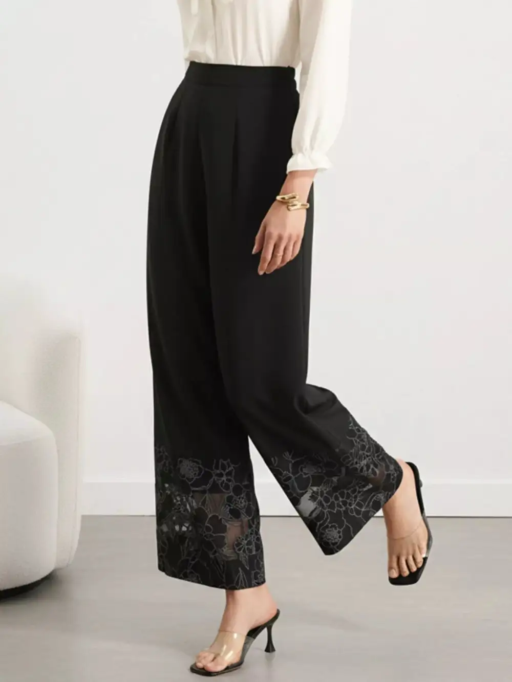 Floral Lace Hem Wide Leg Pants